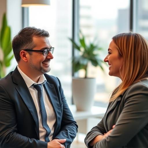 Un asesor financiero sonriendo mientras habla con un cliente en su oficina en Valencia.